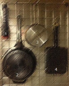 1　鍋の持ち手 2　レミパン　23ｃｍ弱 3　Ｆｉｓｓｌｅｒ　13ｃｍ ４　卵焼き器